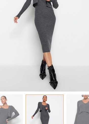 Gri Uzun Hırkalı Triko Elbise - Görsel 2