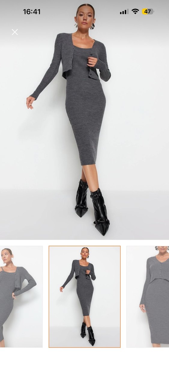 Gri Uzun Hırkalı Triko Elbise - Görsel 2