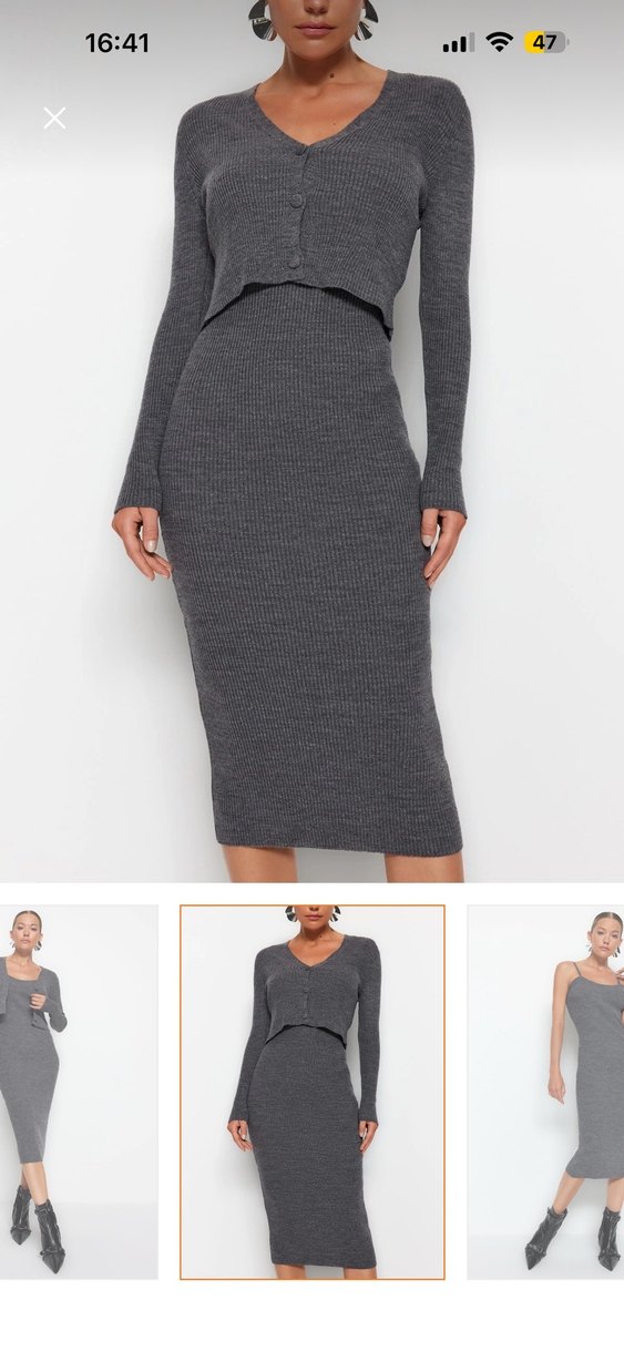 Gri Uzun Hırkalı Triko Elbise - Görsel 3