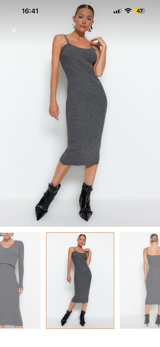 Gri Uzun Hırkalı Triko Elbise - Görsel 4