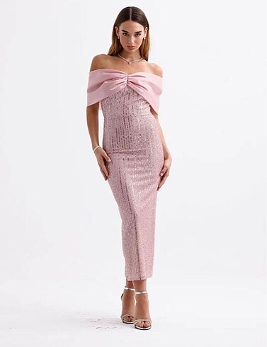 Maxi Boy Payetli Pembe Elbise