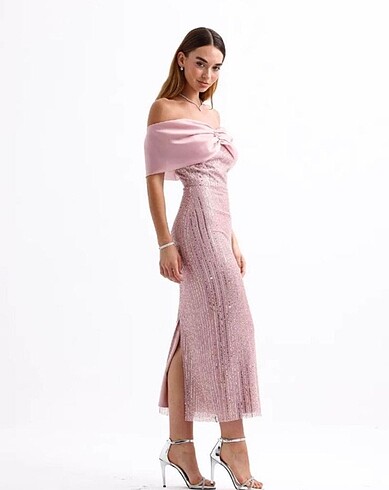36 Beden Maxi Boy Payetli Pembe Elbise