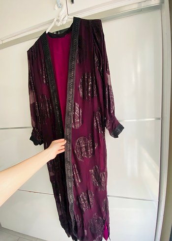 Mor Desenli Kadın Uzun Henna Elbise - Görsel 4