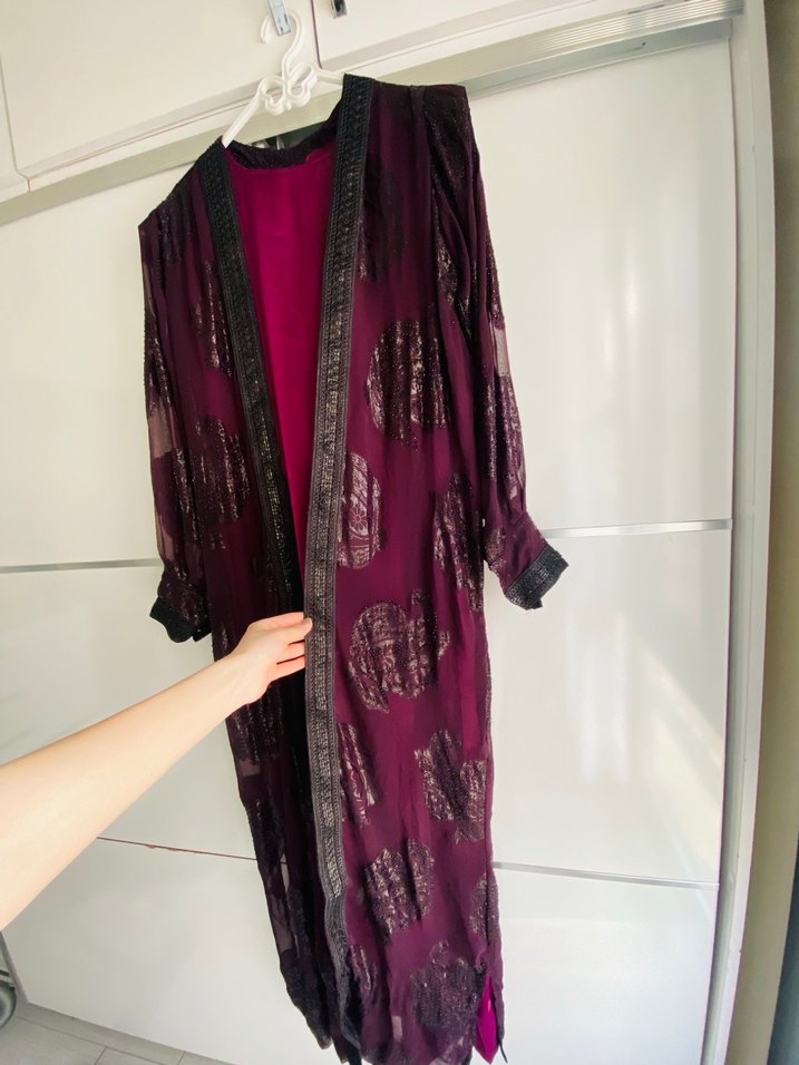 Mor Desenli Kadın Uzun Henna Elbise - Görsel 4