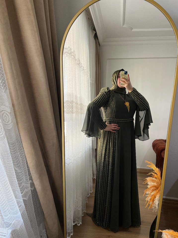 Haki Bohem Uzun Drapeli Abiye - Görsel 3