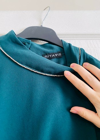 Uzun Kol Drapeli Turkuaz Kadın Elbise - Görsel 3