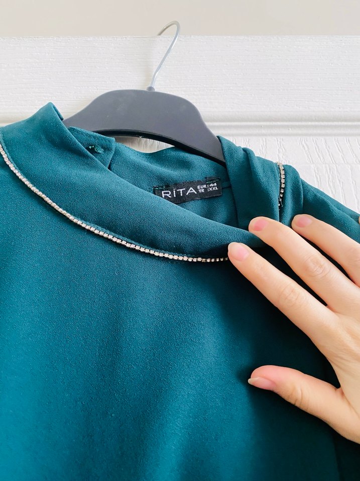 Uzun Kol Drapeli Turkuaz Kadın Elbise - Görsel 3