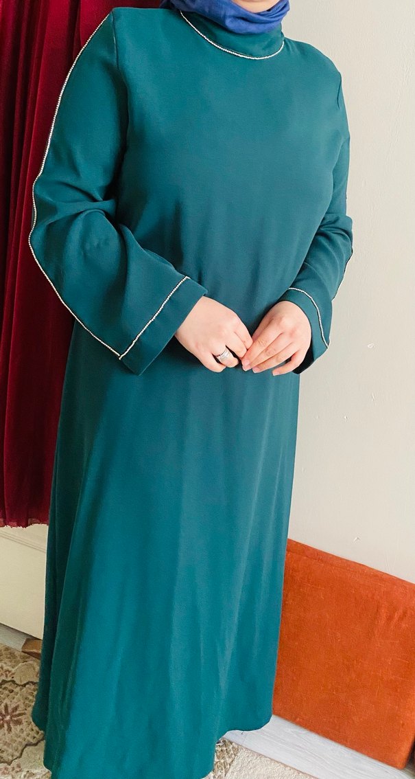 Uzun Kol Drapeli Turkuaz Kadın Elbise - Görsel 4