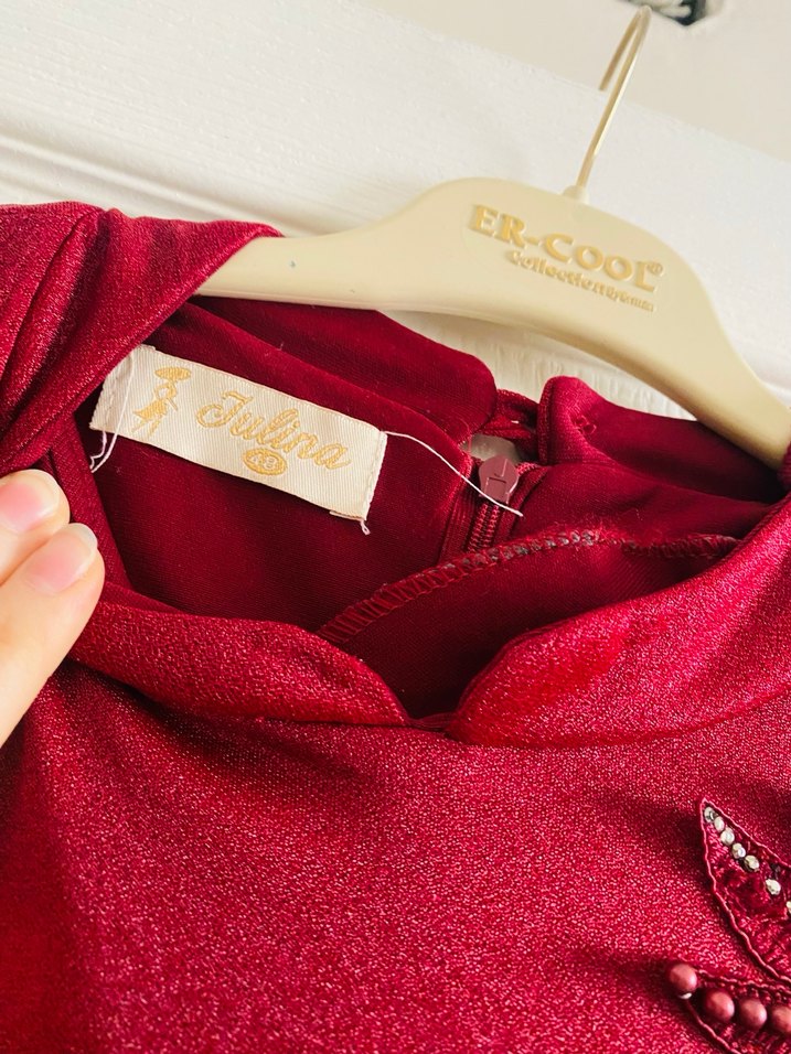 Bordo Uzun Kollu Nakışlı Abiye Elbise - Görsel 2