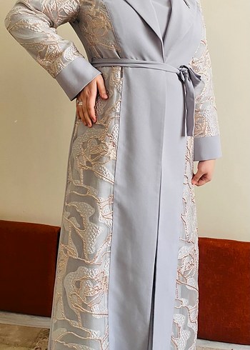 Dantel işlemeli uzun gri klasik kadın şık  Abaya - Görsel 4