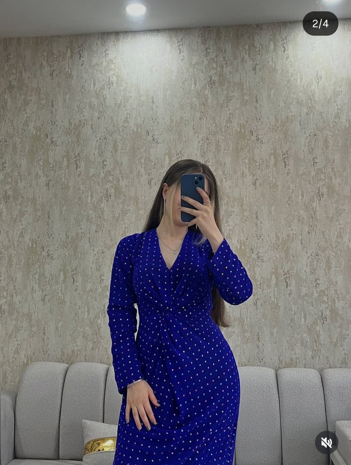 Mavi V Yaka Uzun Kollu Drapeli Şık Kadın Abiye Elbise - Görsel 2