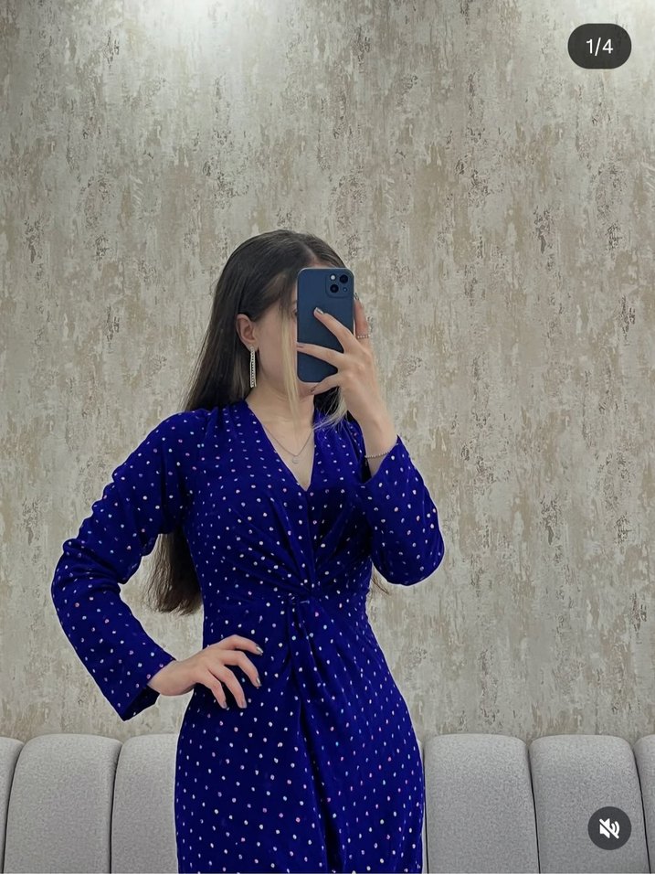 Mavi V Yaka Uzun Kollu Drapeli Şık Kadın Abiye Elbise - Görsel 3