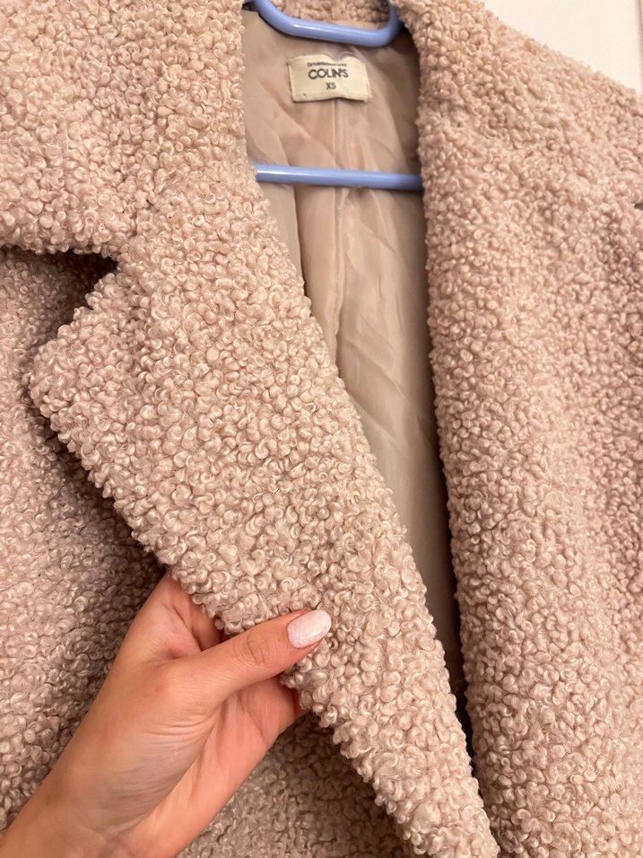 Colins teddy kaban, Bej Midi Kadın Kaban, Kürklü Notched Yaka - Görsel 4