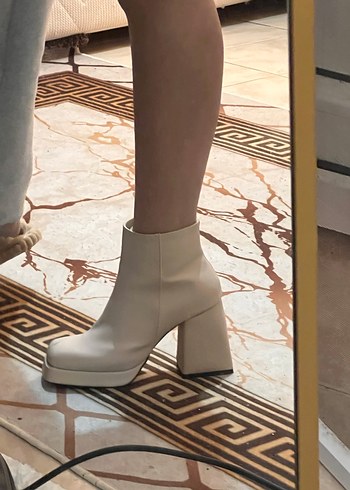 Bej Deri Platform Topuklu Kadın Bot - Görsel 6