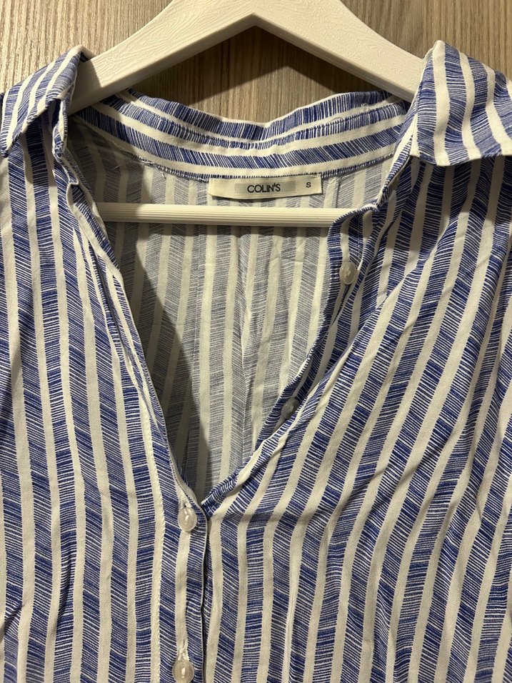 Mavi Çizgili Kolsuz Keten Gömlek - Görsel 3