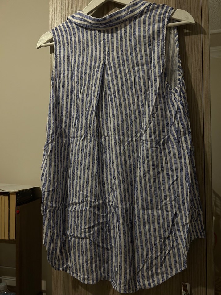 Mavi Çizgili Kolsuz Keten Gömlek - Görsel 2