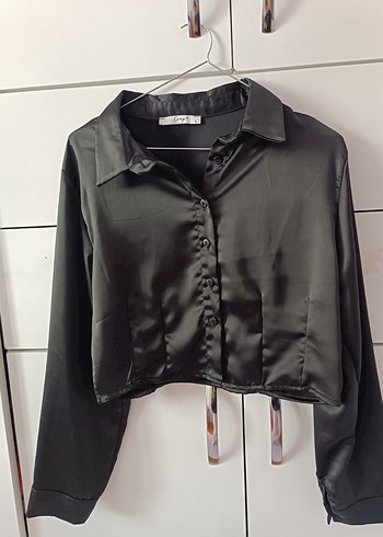 Düğmeli Siyah Saten Kadın Gömlek - Görsel 2