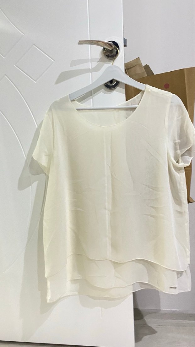 Beyaz Kadın Kısa Kollu Salaş Bluz - Görsel 3