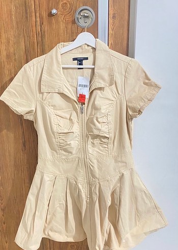 Kısa Kollu Bej Mini Keten Elbise - Görsel 2