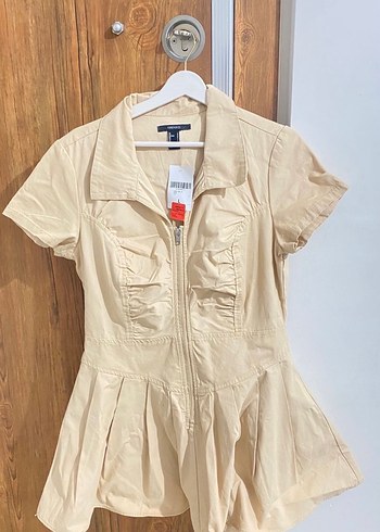 Kısa Kollu Bej Mini Keten Elbise - Görsel 3