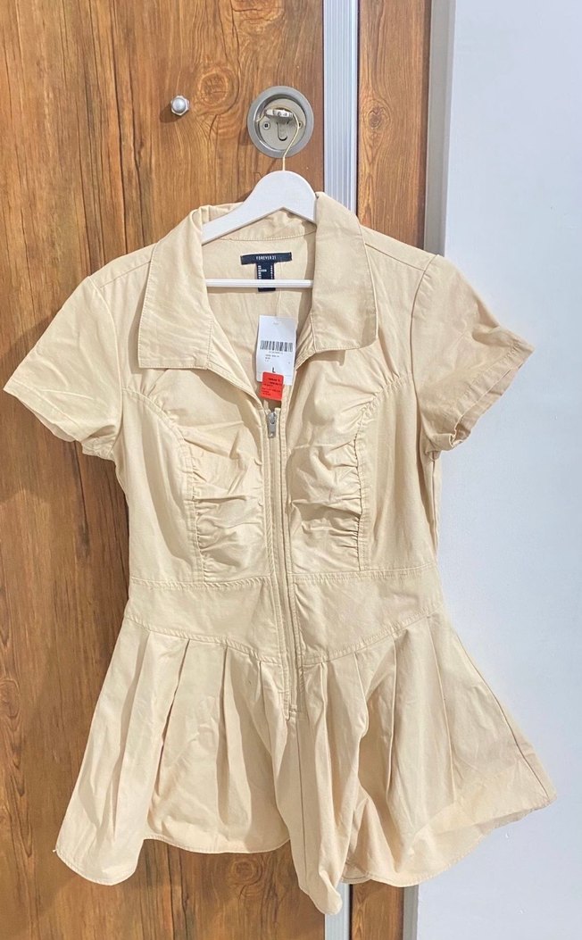 Kısa Kollu Bej Mini Keten Elbise - Görsel 3