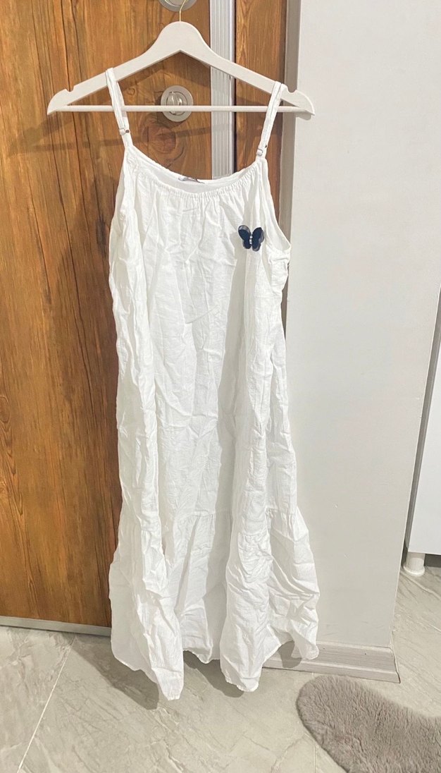 Beyaz Keten Salaş Uzun Askılı Elbise - Görsel 2