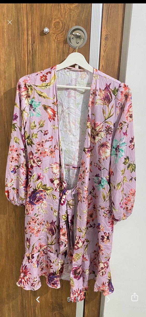 Uzun, bol kesim, mor çiçekli kimono - Görsel 3