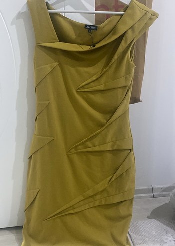 Drapeli Sarı Midi Kadın Abiye Elbise - Görsel 6