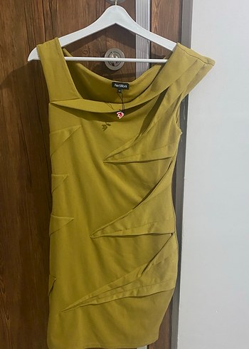 Drapeli Sarı Midi Kadın Abiye Elbise - Görsel 3