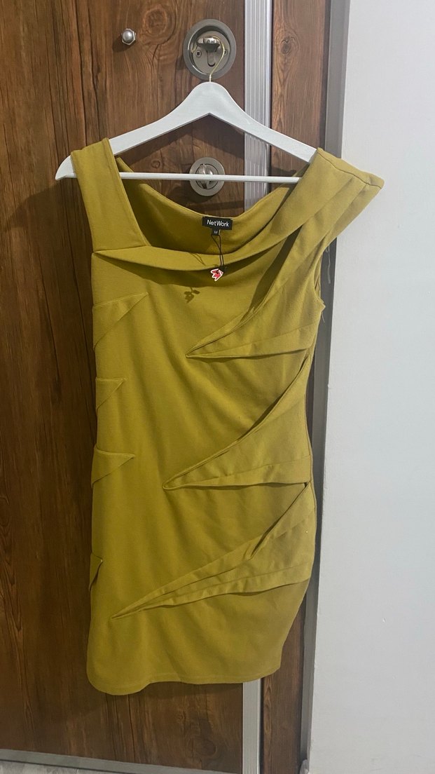 Drapeli Sarı Midi Kadın Abiye Elbise - Görsel 2