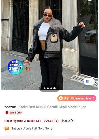 Siyah Deri ve Gri Kürk Detaylı Kadın Ceket Mont - Görsel 2