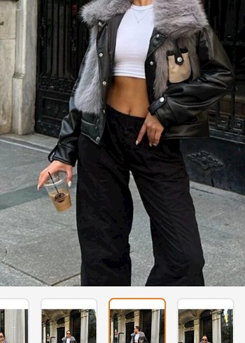 Siyah Deri ve Gri Kürk Detaylı Kadın Ceket Mont - Görsel 3