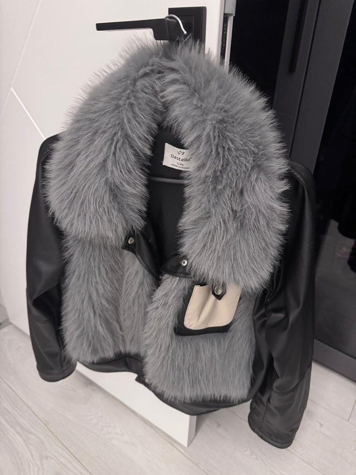 Siyah Deri ve Gri Kürk Detaylı Kadın Ceket Mont - Görsel 4