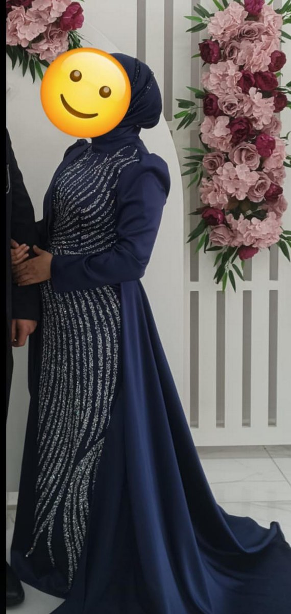 Uzun Kollu Mavi Drapeli Etnik Desenli Uzun Elbise - Görsel 2