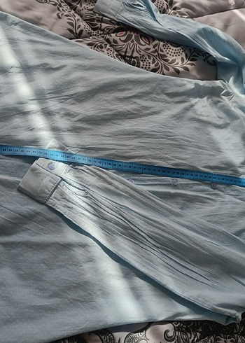 Mavi Düğmeli Keten Kadın Gömlek - Görsel 4