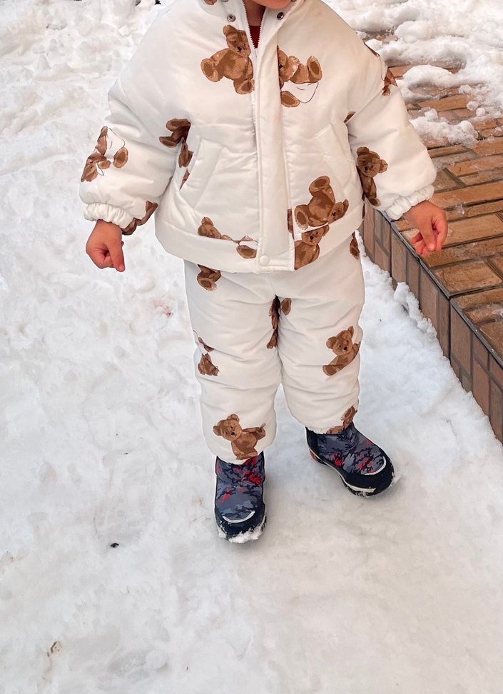 Ayıcık Desenli Beyaz Bebek Kar Tulumu - Görsel 2