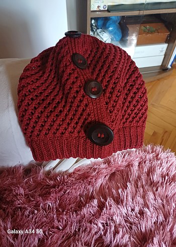 Bordo Düğmeli Örgü Kadın Bere - Görsel 2