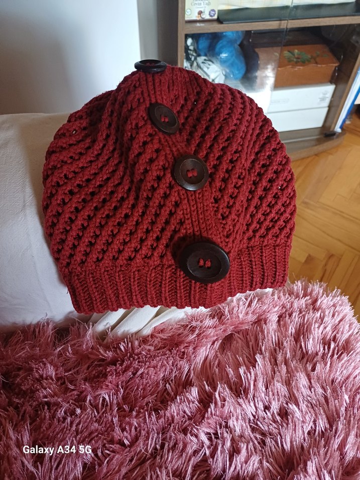 Bordo Düğmeli Örgü Kadın Bere - Görsel 2