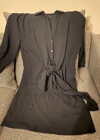 Kemerli Siyah kısa elbise uzun kollu - Görsel 3