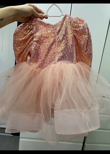 Pullu ve Tül Detaylı Pudra Pembe Kız Çocuk Elbise - Görsel 4