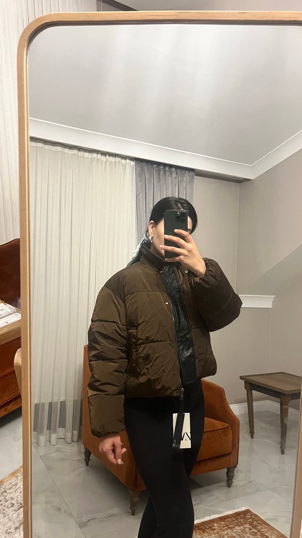 Düğmeli Kahverengi Deri Kadın Kış Montu - Görsel 2