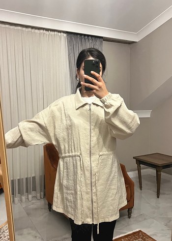 Bej Kemerli Rahat Kesim Keten Kadın Kaban - Görsel 6