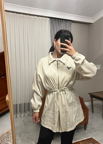 Bej Kemerli Rahat Kesim Keten Kadın Kaban - Görsel 3