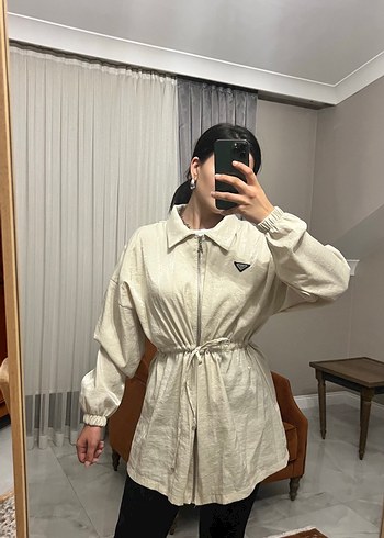 Bej Kemerli Rahat Kesim Keten Kadın Kaban - Görsel 2