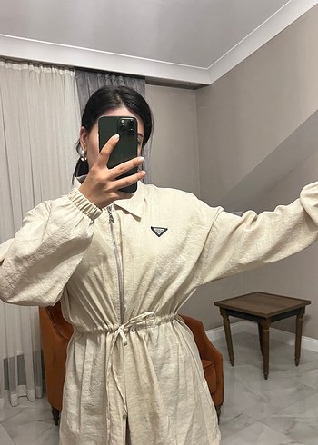 Bej Kemerli Rahat Kesim Keten Kadın Kaban - Görsel 4