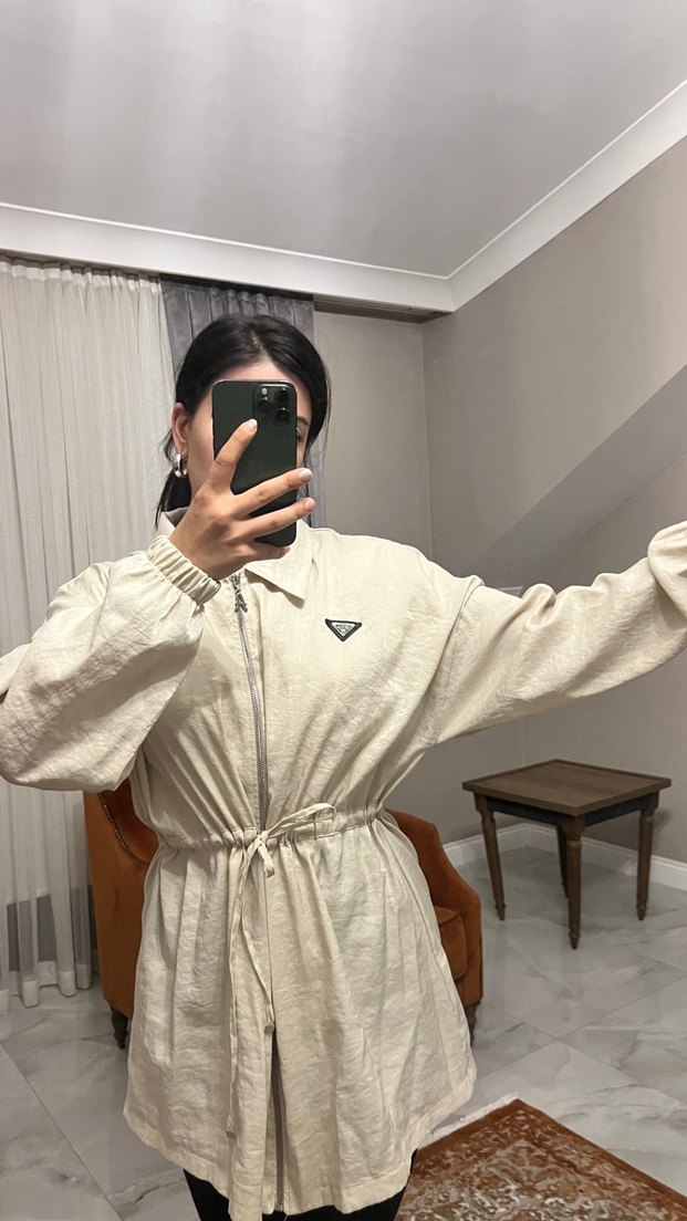 Bej Kemerli Rahat Kesim Keten Kadın Kaban - Görsel 4