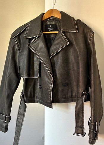 Kahverengi Deri Kemerli Biker Ceket