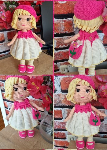 Pembe elbiseli Amigurumi bebek