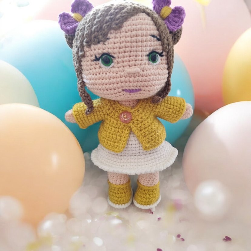 Sarı Ceketli Örgü Oyuncak Bebek 24 cm - Görsel 2