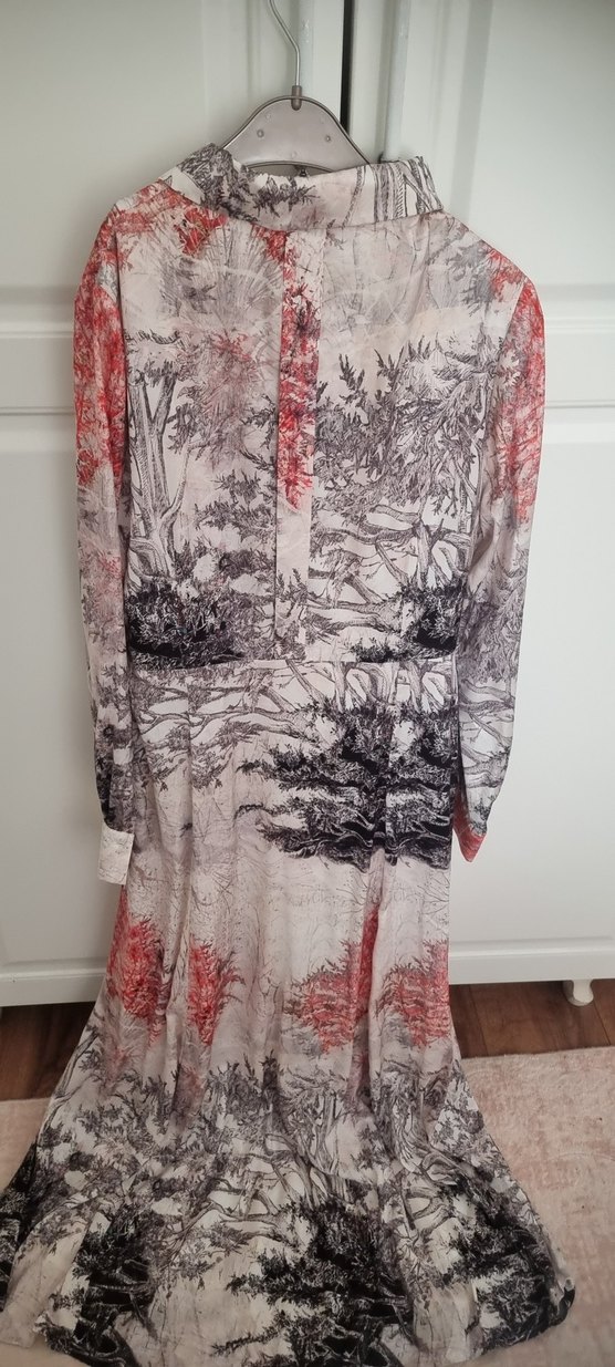 Bohem Uzun Kollu Gri Baskılı Uzun Elbise - Görsel 2